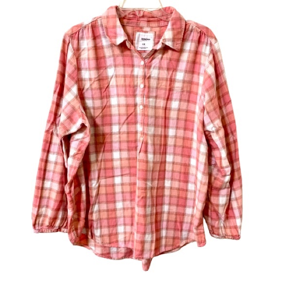 Sonoma Tops - Sonoma Plaid Shirt/Blouse Peach-Orange/White 1X